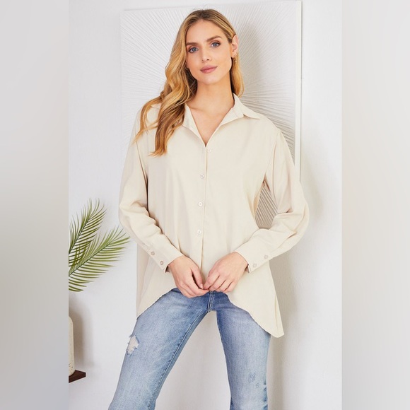 Venti6 Tops - (28036-CRM) MATTE SATIN HIGH-LOW BUTTON DOWN COLLARED SHIRT